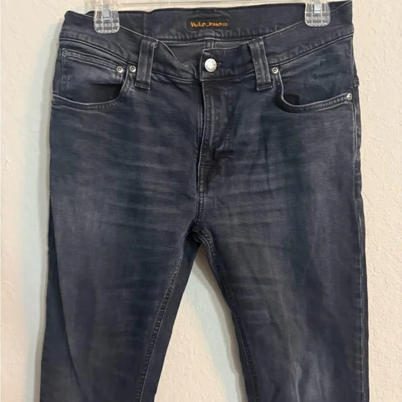 Nudie Jeans Men's Thin Finn Organic Black and Grey Dark Denim Skinny Jeans